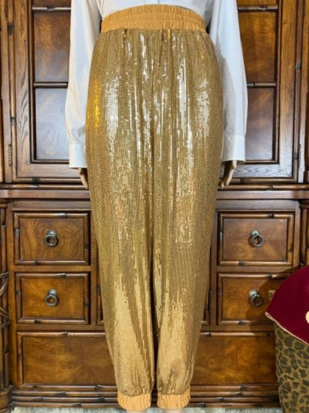 Shavonne Dorsey Gold Sequin Wide Waistband Stretch Sequin Jogger